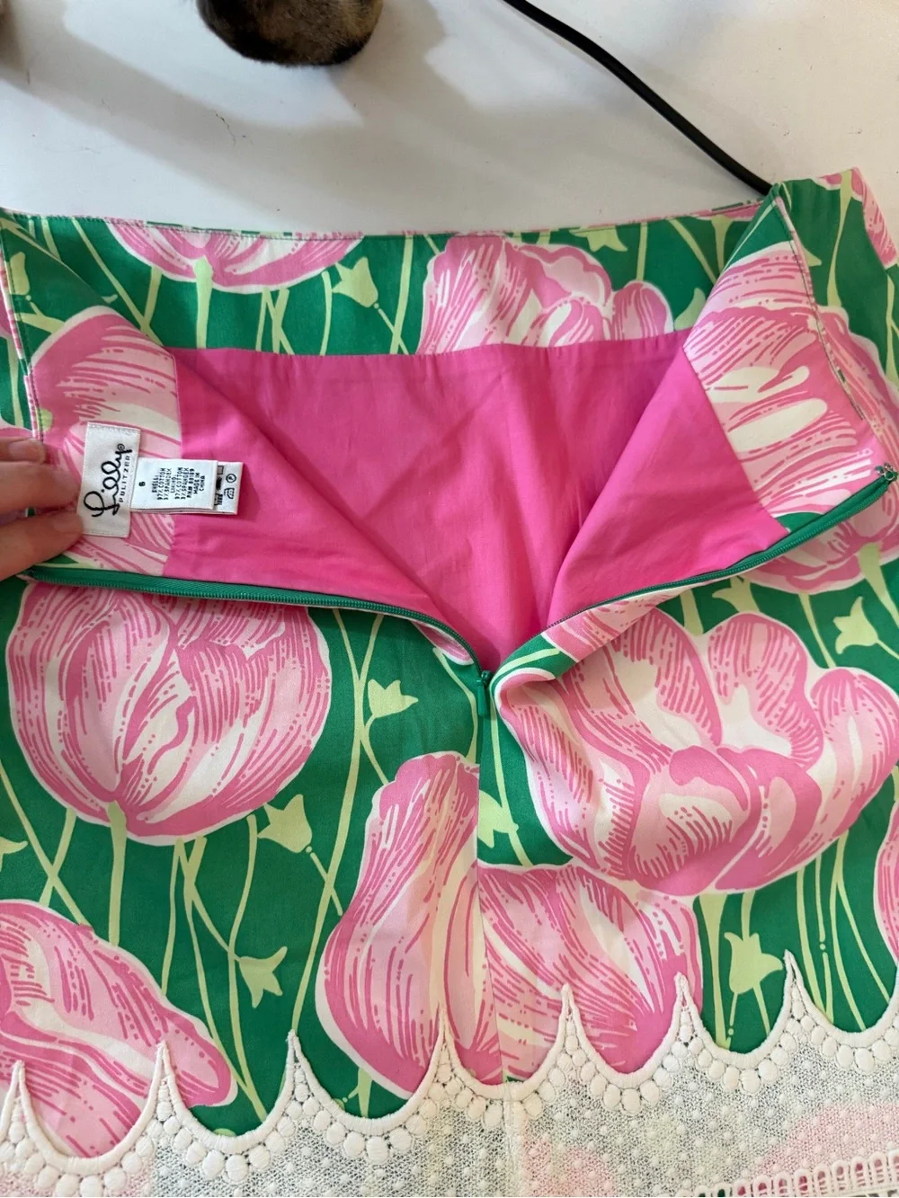Lilly Pulitzer Pink Green Vintage Floral Tulips Lace Trim Cottagecore Skirt Sz 6